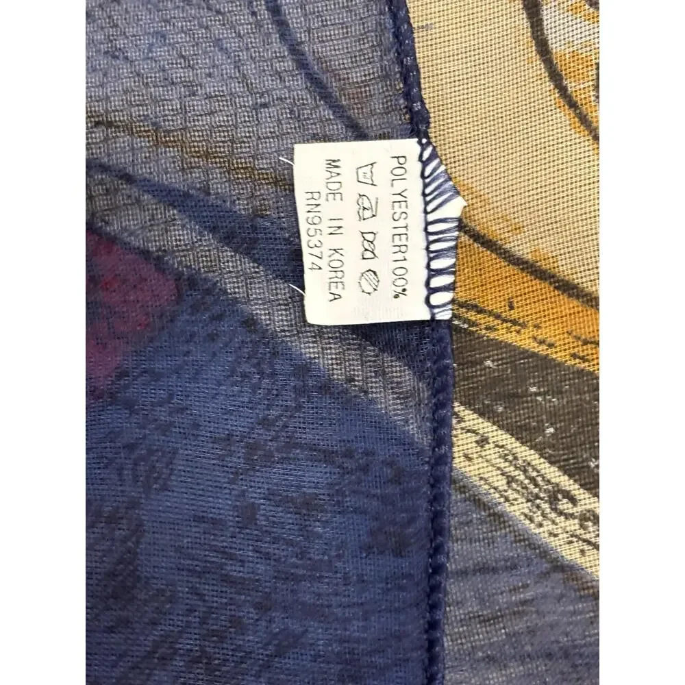 Vintage Moem Korea Sheer Scarf 19” X 64” Rectangular Blue Red Multi Cubist Art